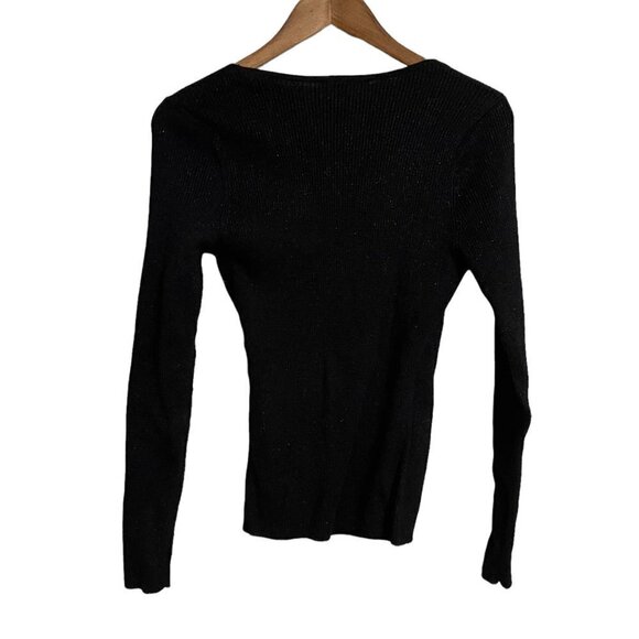 INC Womens Black Gold Weave Y2K Ribbed Faux Wrap Buckle Stretch Blouse Medium - Picture 6 of 6